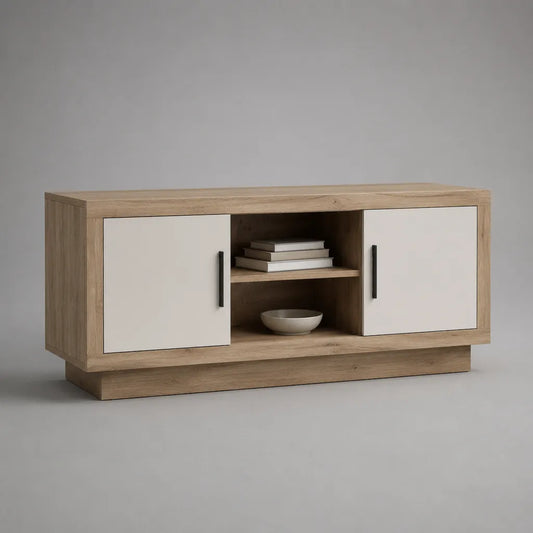 TV-Lowboard mit 2 Türen und 2 offenen Fächern aus melaminharzbeschichteter Spanplatte, eichefarben und weiß, 120 × 40 × 60 cm